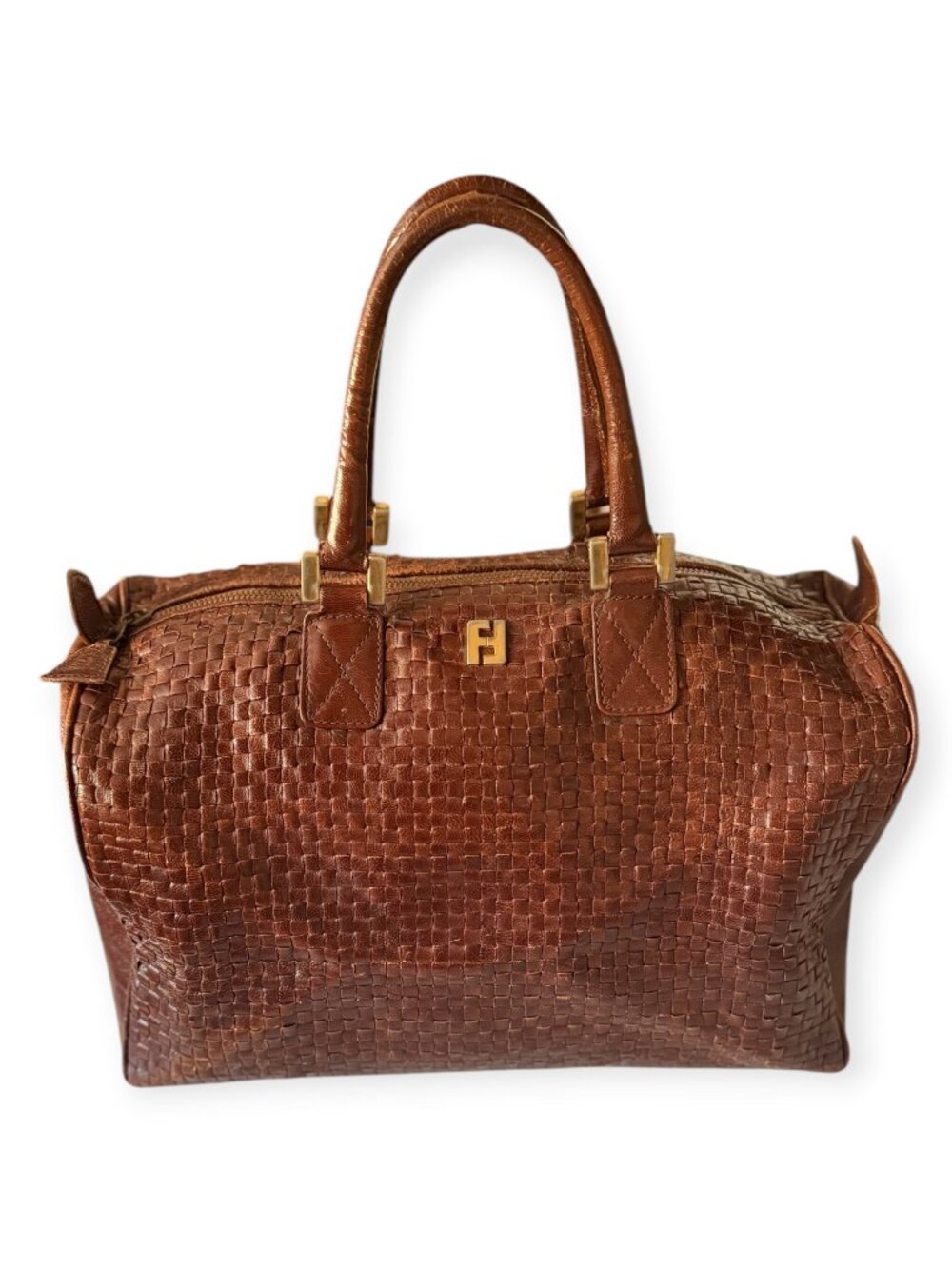 Vintage Fendi Woven Brown Leather Satchel | Top Handle Bag - Picture 2 of 10
